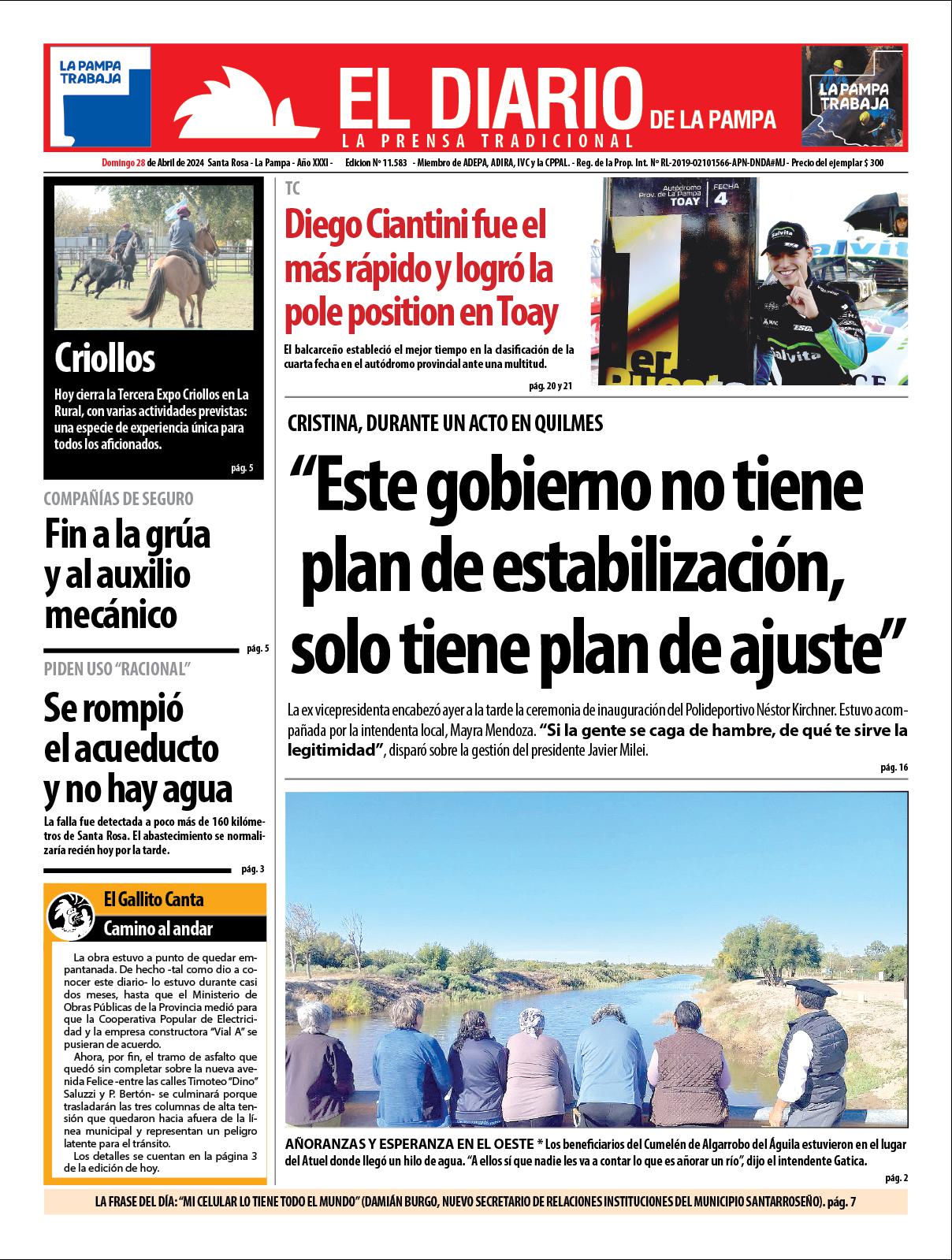 Tapa de El Diario en papel  domingo 28 de abril de 2024
